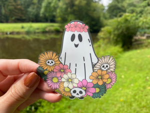 Sticker | 56D | Hippie Ghost with Flowers | Waterproof Vinyl Sticker | White | Clear | Permanent | Removable | Window Cling | Glitter | Holographic