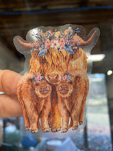 Load image into Gallery viewer, Sticker | 39M | Highland Cow with calves | Waterproof Vinyl Sticker | White | Clear | Permanent | Removable | Window Cling | Glitter | Holographic