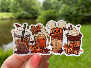 Sticker | 53D | Fall Coffee Drinks | Waterproof Vinyl Sticker | White | Clear | Permanent | Removable | Window Cling | Glitter | Holographic