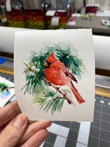 Waterslide Decal Watercolor Red Cardinal Bird on Pine Branch