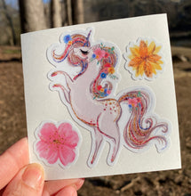 Load image into Gallery viewer, Sticker | 34G | Unicorn &amp; Flowers | Waterproof Vinyl Sticker | White | Clear | Permanent | Removable | Window Cling | Glitter | Holographic