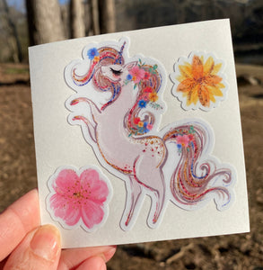 Sticker | 34G | Unicorn & Flowers | Waterproof Vinyl Sticker | White | Clear | Permanent | Removable | Window Cling | Glitter | Holographic