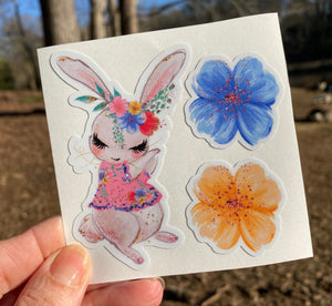 Sticker | 34F | Bunny Rabbit & Flowers | Waterproof Vinyl Sticker | White | Clear | Permanent | Removable | Window Cling | Glitter | Holographic