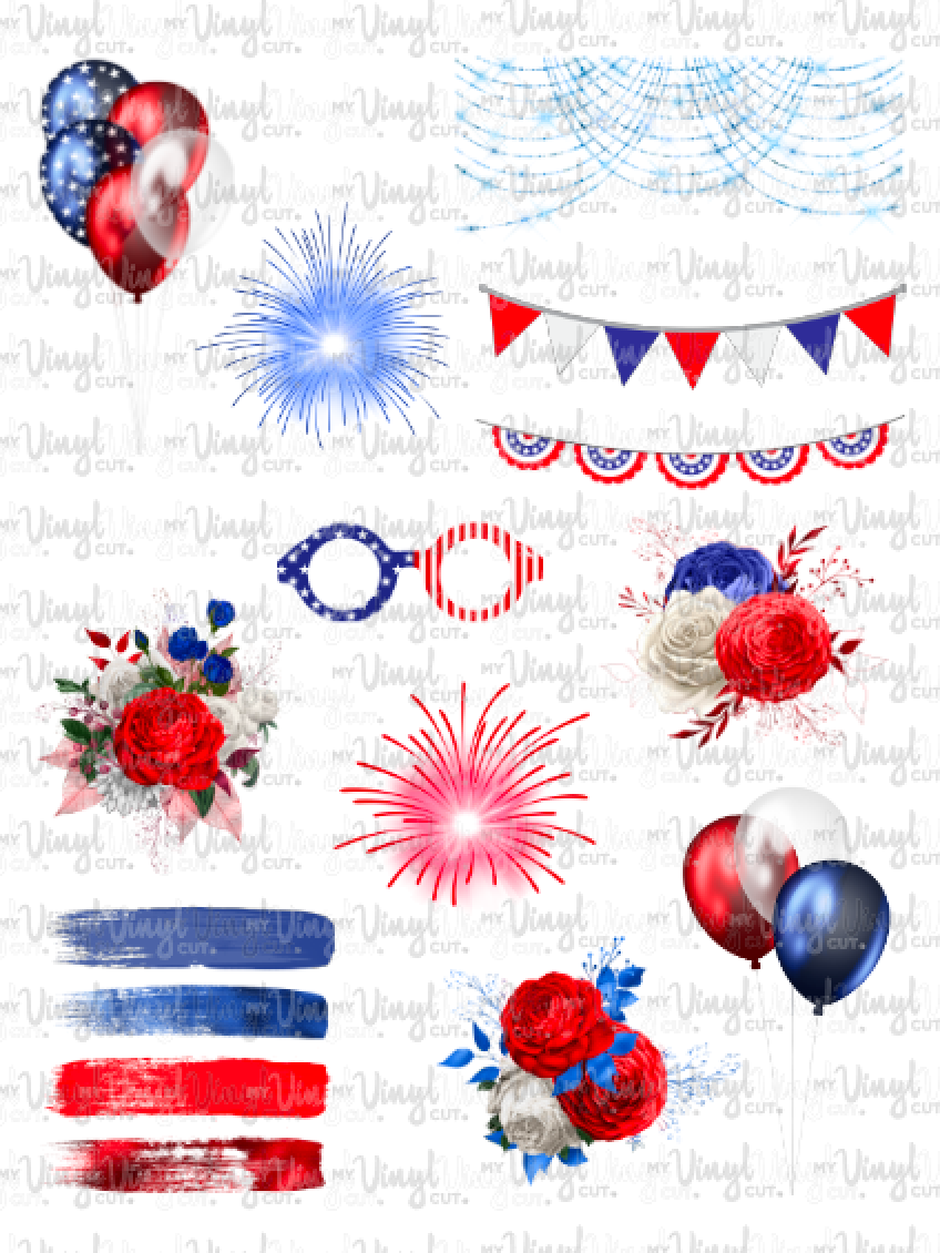 Waterslide Decal Sheet Red White & Blue 4th of July elements