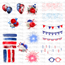 Load image into Gallery viewer, Waterslide Decal Sheet Red White &amp; Blue 4th of July elements