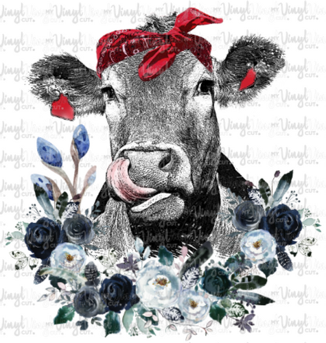 Waterslide Decal Cow Licking Nose with Blue Flowers