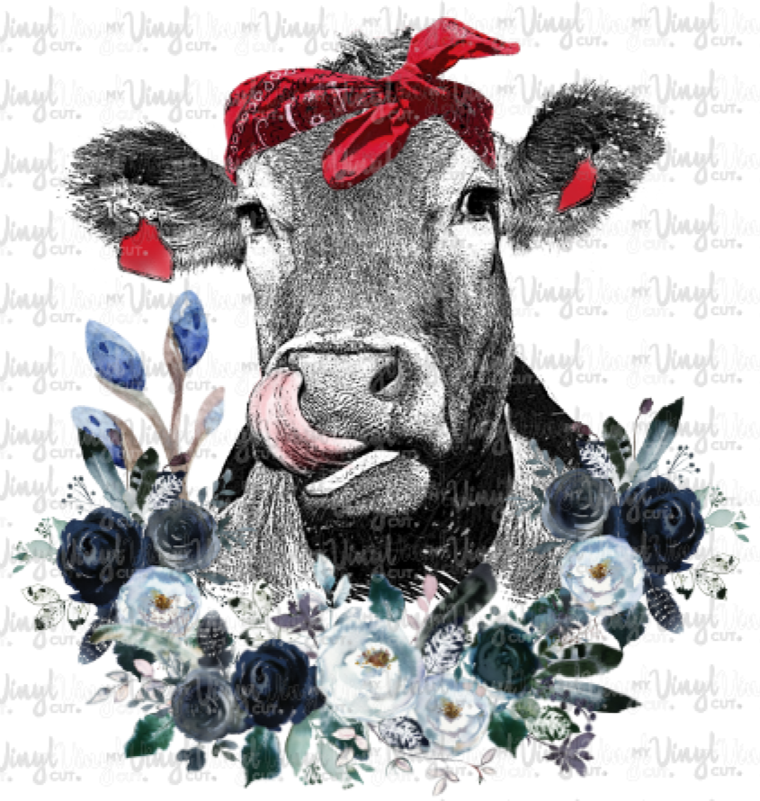 Waterslide Decal Cow Licking Nose with Blue Flowers