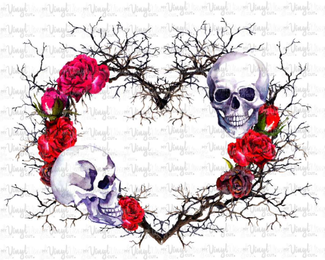 Waterslide Decal Heart made of Thorns with Roses and Human Skulls