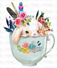 Load image into Gallery viewer, Waterslide Decal Sweet Easter Bunny in a Tea Cup with Flowers