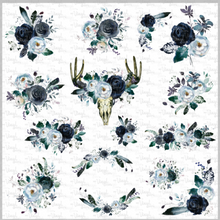 Load image into Gallery viewer, Waterslide Decal Sheet 12 x 12 inch Navy Peony Flowers Boho Deer Skull