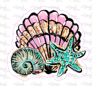Sticker 18M Blue Starfish Pink Scallop Shell Bunch