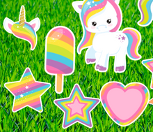 Load image into Gallery viewer, Yard Art Flair Colorful Unicorns 21 pc Set Birthday Lawn Lettering PURCHASE Outdoor Party Decorations