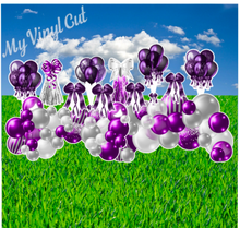 Load image into Gallery viewer, Yard Art Flair Purple and Silver Balloons 12 pc Set Birthday Lawn Lettering PURCHASE Outdoor Party Decorations