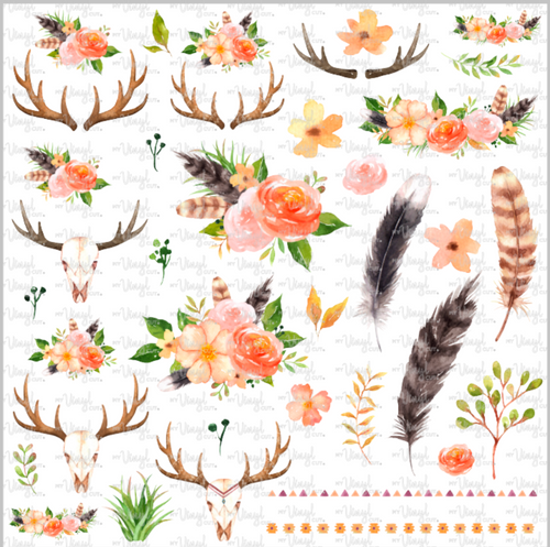 Waterslide Sheet Peach Boho Flowers with Deer Skulls 12 x 12