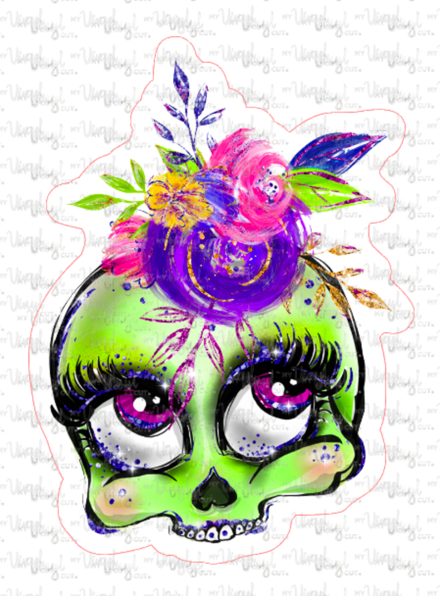 Sticker 23J Green Skull with Flowers