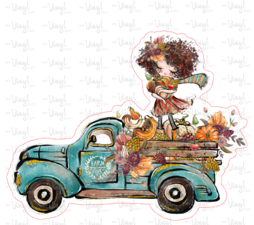 Sticker 28E Fall Market Vintage Truck with Girl, Brown Curly Hair