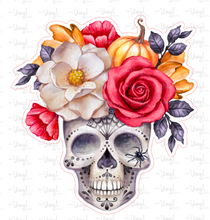 Load image into Gallery viewer, Sticker 25N | Halloween Skull with Flowers | Waterproof Vinyl Sticker | White | Clear | Permanent | Removable | Window Cling | Glitter | Holographic