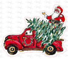 Load image into Gallery viewer, Sticker | 30F | Santa in Red Truck with Tree | Waterproof Vinyl Sticker | White | Clear | Permanent | Removable | Window Cling | Glitter | Holographic