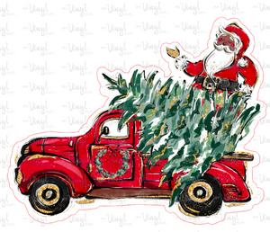 Sticker | 30F | Dark Skin Santa in Red Truck with Tree | Waterproof Vinyl Sticker | White | Clear | Permanent | Removable | Window Cling | Glitter | Holographic