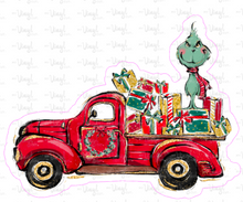 Load image into Gallery viewer, Sticker | 30D | Red Truck w/Gifts and Grinch | Waterproof Vinyl Sticker | White | Clear | Permanent | Removable | Window Cling | Glitter | Holographic