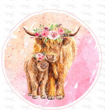 Load image into Gallery viewer, Sticker | 24M | Highland Cow with Calf | Waterproof Vinyl Sticker | White | Clear | Permanent | Removable | Window Cling | Glitter | Holographic