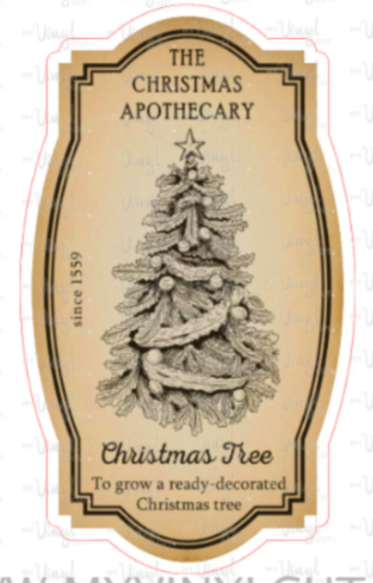 Sticker | 26O | Apothecary Label Christmas Tree | Waterproof Vinyl Sticker | White | Clear | Permanent | Removable | Window Cling | Glitter | Holographic