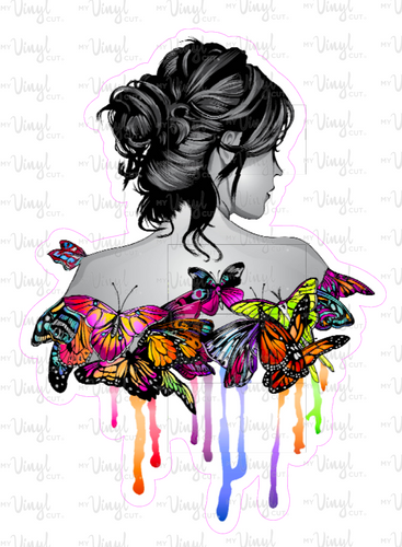 Sticker | 41A | Woman with Butterflies | Waterproof Vinyl Sticker | White | Clear | Permanent | Removable | Window Cling | Glitter | Holographic