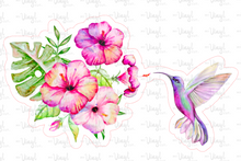 Load image into Gallery viewer, Sticker | 49E | Hummingbird with Flowers | Waterproof Vinyl Sticker | White | Clear | Permanent | Removable | Window Cling | Glitter | Holographic