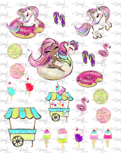 Load image into Gallery viewer, Waterslide Sheet of Decals dark skin pink hair POOL PARTY Theme