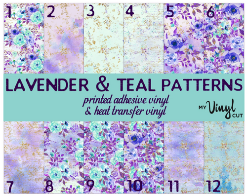 Printed Adhesive Vinyl LAVENDER & TEAL FLOWERS Pattern 12 x 12 inch sheet