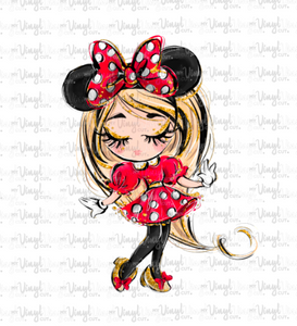 Sticker F10 Girl with Mouse Ears Red Dress White Polka Dots Eyes Closed