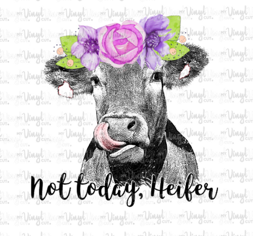 Waterslide Decal A6 Not Today Heifer Cow licking nose with purple flowers