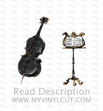 Load image into Gallery viewer, Sticker | 68J | Cello + Music Stand | Waterproof Vinyl Sticker | White | Clear | Permanent | Removable | Window Cling | Glitter | Holographic