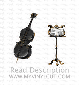 Sticker | 68J | Cello + Music Stand | Waterproof Vinyl Sticker | White | Clear | Permanent | Removable | Window Cling | Glitter | Holographic